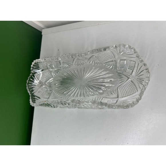 Other - Vintage Clear Cut Glass Oval Bowl Starburst Fan Pattern Scalloped Edge Dish